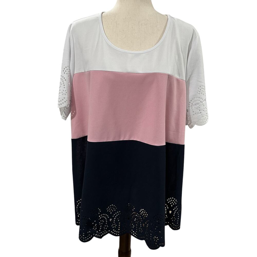 Bloomchic Color Block Blouse Laser Cut and Scalloped Hem Sleeve Plus Size 18-20